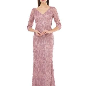 Carmen Marc Valvo Infusion 3D Petal Embellished V-Neck 3/4 Sleeve Gown
